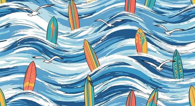 Colorful Surfboards on Ocean Waves Illustration.