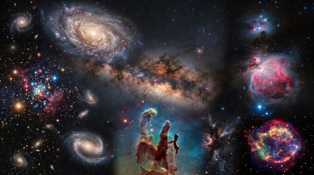 Celestial Tapestry: A breathtaking collage showcases the awe-inspiring beauty of distant galaxies and nebulae, a vibrant display of cosmic wonders against the dark expanse of space.