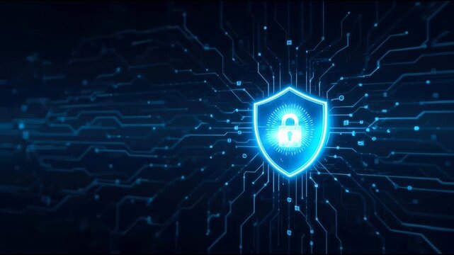 Cybersecurity shield with glowing lock shield over circuit network protecting data digital lock