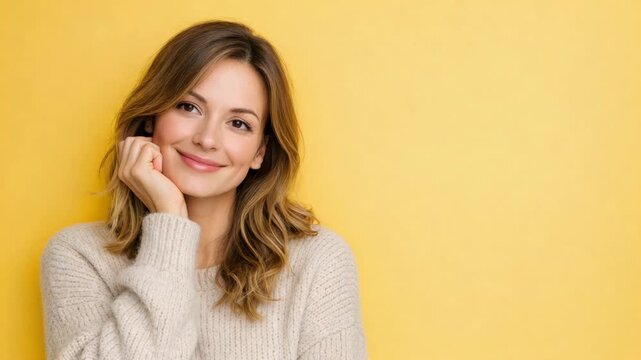A woman with a dreamy expression is smiling and closing her eyes as if she's imagining something pleasant.