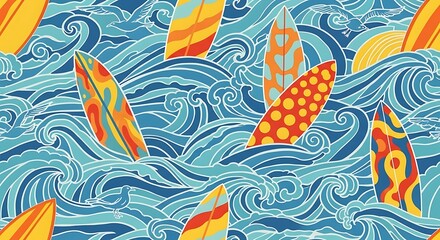 Fototapeta premium Colorful Surfboards Riding Ocean Waves.