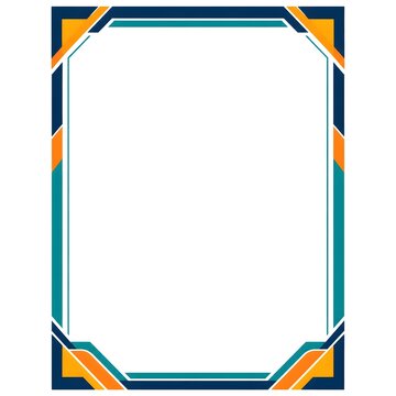Geometric corporate border frame with navy blue and orange accents.