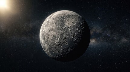 Obraz premium Celestial Sphere: A detailed view of Mercury, the closest planet to the sun, showcases its cratered surface against the vast backdrop of stars and a distant, glowing sun.
