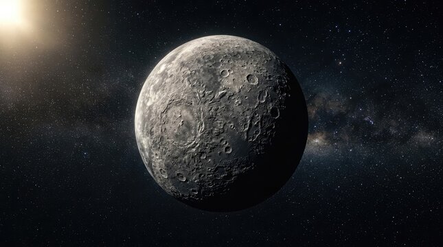Celestial Sphere: A detailed view of Mercury, the closest planet to the sun, showcases its cratered surface against the vast backdrop of stars and a distant, glowing sun.