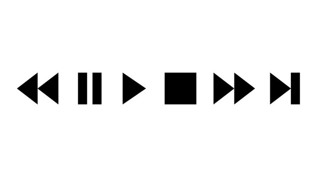 Black media player control icons including play, pause, stop, rewind and fast forward on a white background, illustrating user interface design and representing multimedia software