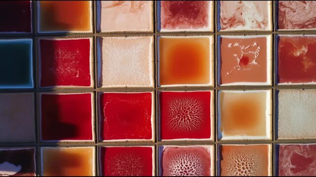 Vibrant paint sample square tile collage with textured marbled color and creamy swirls