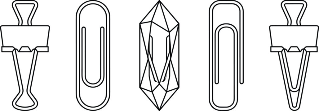 Metal binder clips and paperclips stationery set with abstract geometric crystal mineral element isolated on white