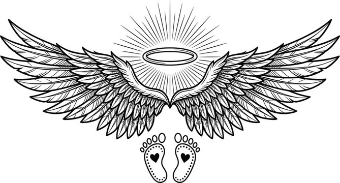 Memorial baby angel wings with halo sunburst and tiny infant footprints containing heart symbols vector line illustration