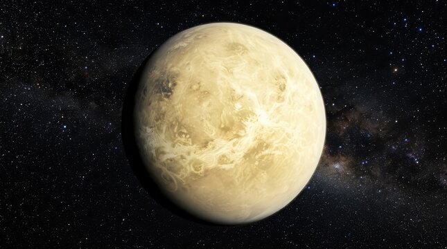 Venus: The cloudy, yellowish-green planet Venus hangs in the darkness of space, illuminated by an unseen light source. Stars and a faint galaxy streak across the background.
