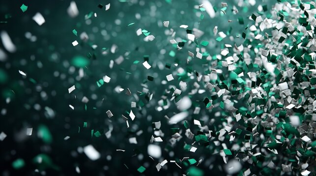 Confetti cascades in a festive explosion of silver and teal colors