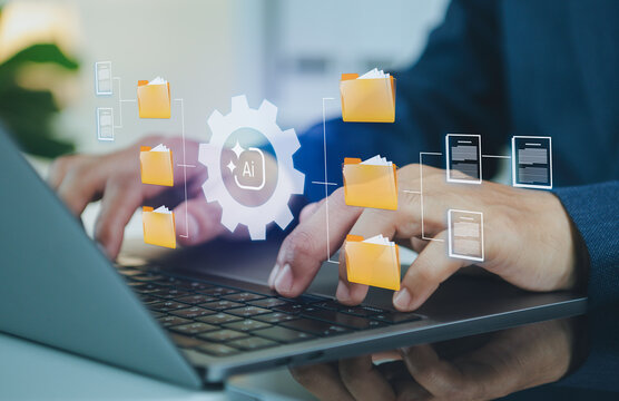 AI document management on laptop business professional organizes digital files with intelligent automation for secure workflow data processing productivity and modern information governance.