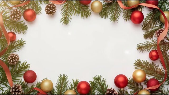 Festive Christmas pine branch border with red and gold baubles ornaments and ribbon creating warm