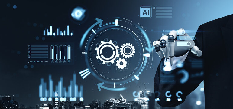 Robotic hand interacting with futuristic digital interface featuring gears analytics and technology elements over cityscape at night.