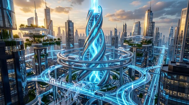 Futuristic megacity with glowing energy tower. Sci-fi urban landscape with advanced technology.