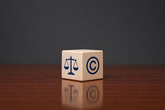 Wooden cube with justice scales and copyright symbol on wooden surface