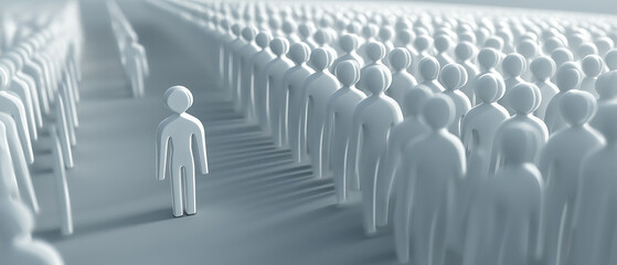 Fototapeta premium One unique figure walks the opposite direction against a large crowd symbolizing individuality and leadership