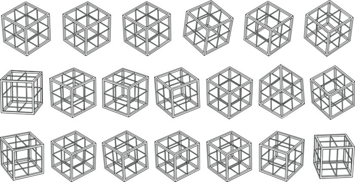 Isometric grid cubes collection set featuring abstract 3D wireframe boxes rotating in different geometric angles vector illustration isolated on white background.