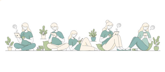 Fototapeta premium Set of diverse woman characters sitting and holding smartphone, tablet and digital device. Communication and social media concept. Vector illustration in flat line style