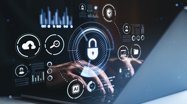 Digital security interface with lock symbol and tech icons overlay on hands typing on laptop in futuristic drawings style background.