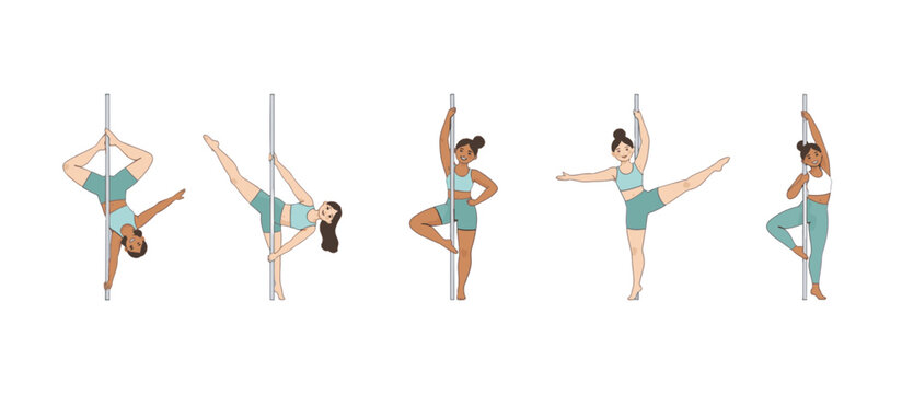 Woman performing verschiedene pole dance exercise routines. Sport athletic training set. Fitness class concept. Flat style vector illustration for banner, poster, web design decor