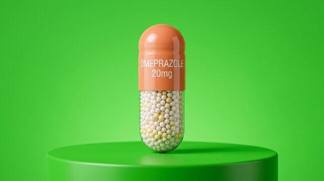 Omeprazole capsule on a pedestal. Medical pill for acid reflux treatment on green background.