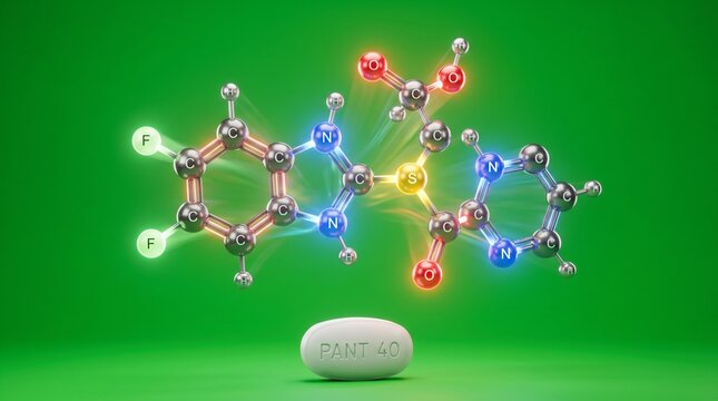 3D pantoprazole molecule structure on tablet. Medical science visualization of proton pump inhibitor drug compound.