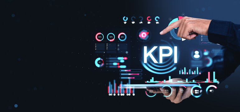 Business hand interacting with KPI analytics interface displaying colorful charts, gauges, and performance metrics within a futuristic digital dashboard environment.