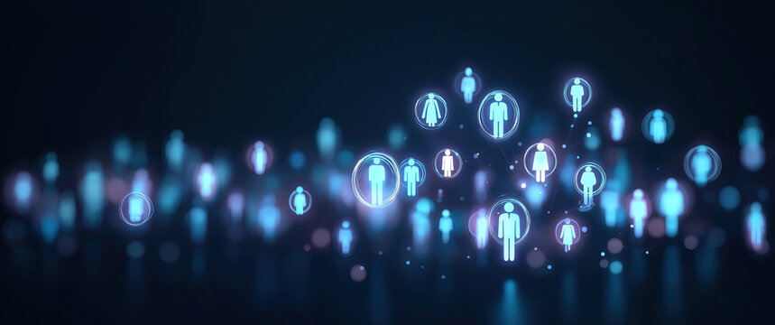 Glowing network of illuminated human figures connects across a dark background representing population and digital community