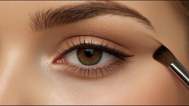 Soft warm eye makeup brush blending natural eyeshadow eyeliner eyebrow close up application