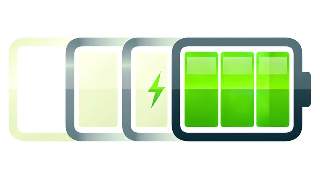 Glossy green battery icon representing full power charge level with a bright white isolated background