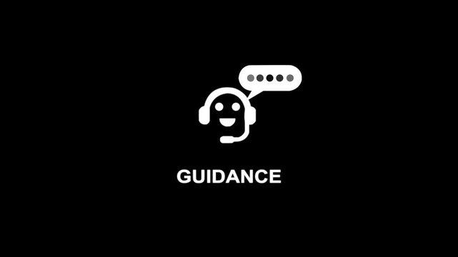 White icon of a smiling robot head with headphones and microphone and a speech bubble with dots above it with the word GUIDANCE below it on a black background