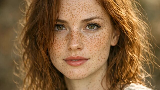 Young woman with freckles and red hair. Soft focus, natural light, serene expression. Calm, thoughtful gaze, eyes gently closed. Warm tones, earthy background, blurred depth