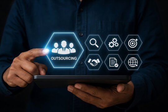 Business person using tablet with outsourcing concept hologram interface