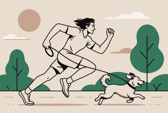 Energetic woman enjoys an outdoor run through a park while walking her active dog on a leash during a sunny day.
