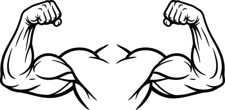 Muscular bodybuilder arms flexing biceps pair in a black line art tattoo style showing power vector illustration isolated on white background.