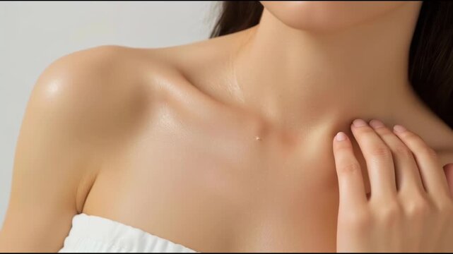 Smooth female shoulder collarbone hand skin close up gentle soft natural glow skincare decolletage