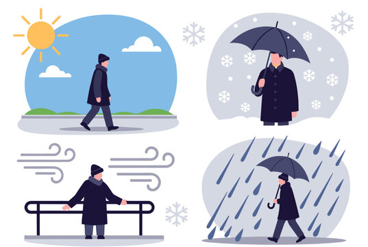 Man experiences four different weather types like sunny snowy windy and rainy while dressed for each season.