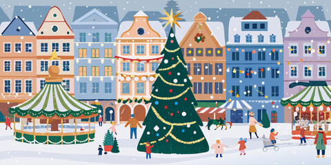 christmas market town square vector illustration winter © BloodMoon