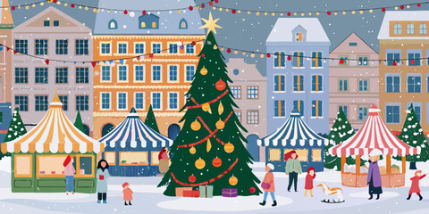 christmas market town square vector illustration winter © BloodMoon