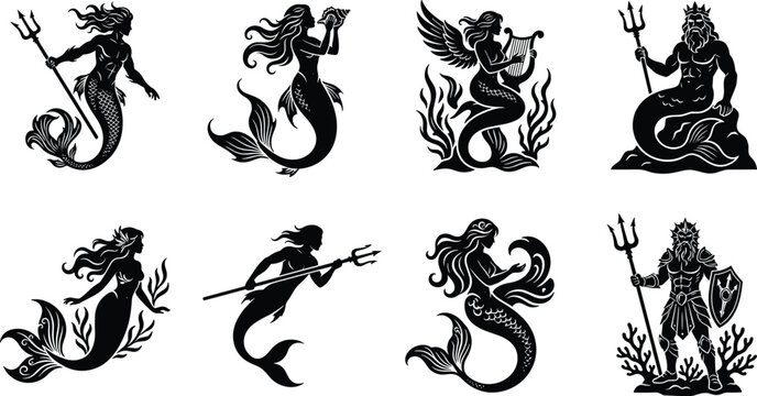 Collection of mythical mermaid and merman silhouettes featuring underwater creatures, sea gods, and fantasy ocean beings