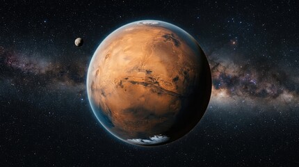 Fototapeta premium Mars in Space: The Red Planet Mars, with its distinctive rust-colored surface and polar ice caps, is depicted in outer space.