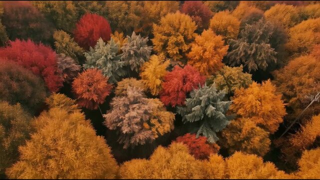 Autumn aerial forest canopy of colorful foliage and tree leaves creating warm calm treetop texture