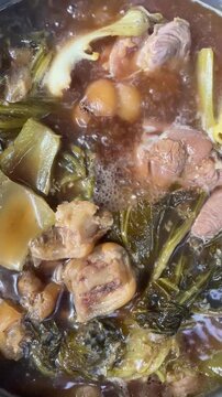 Taiwanese traditional food pork knuckle. Stewed leg pork with sweet gravy sauce style chinese food served with steamed ric, Clean food good taste idea concept.