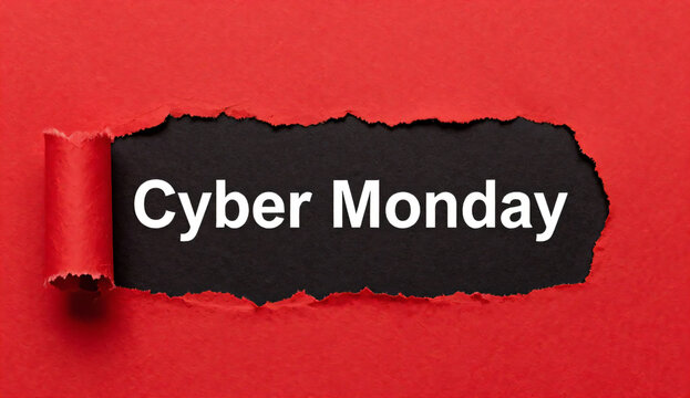 Cyber Monday sale banner with bold text on red background. E-commerce discount promotion for online shopping event with metallic push pin.