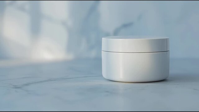 White cosmetic jar container cream skincare on marble surface with soft natural calm minimal light