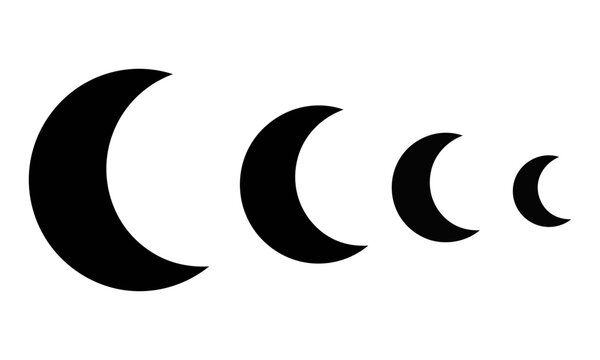 Four stylized crescent moons in a descending arc with clean geometric contours and minimalist shapes isolated on white background, celestial design concept