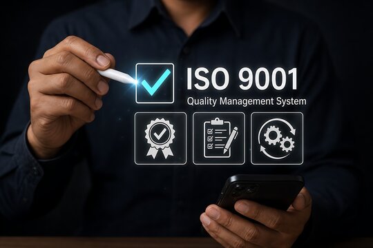 Business professional selecting iso 9001 quality management system on digital interface