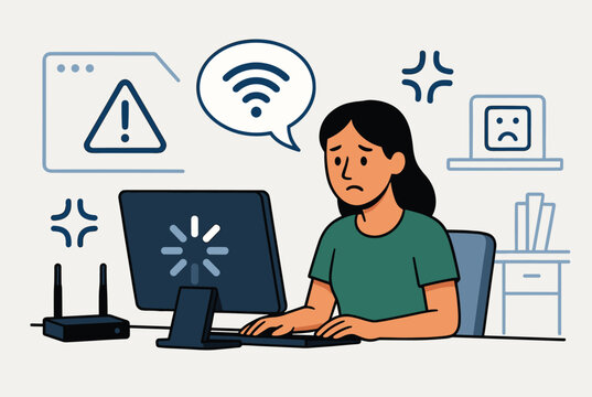 Frustrated woman dealing with slow internet connection and computer loading errors while working at her home office desk.