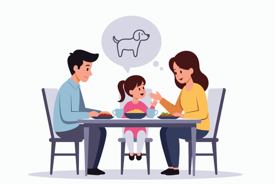 Happy family of three having dinner together while the young daughter shares her dream of getting a pet dog in a thought bubble.