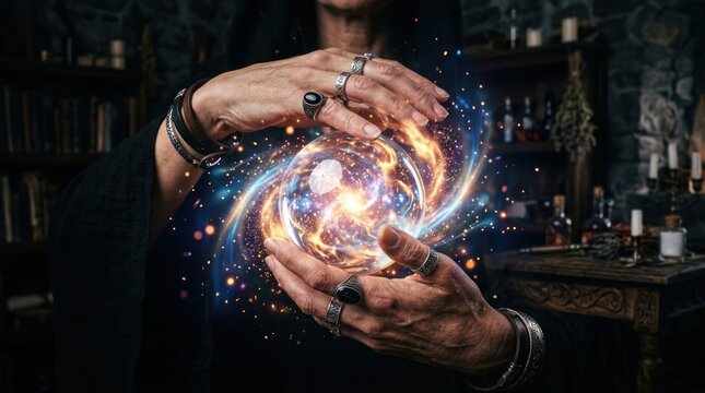 Mystical Orb Held in Hands Emitting Cosmic Energy and Light.